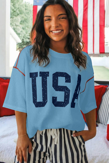 USA Ribbed Graphic Tee Loose Fit Patriotic Top