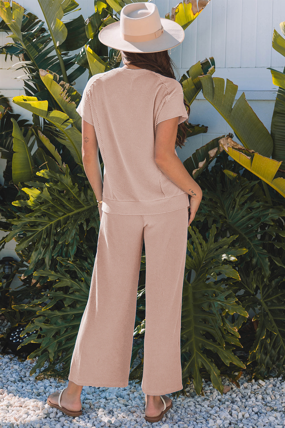 Green Ribbed Knit Lounge Set Wide Leg Pants Outfit