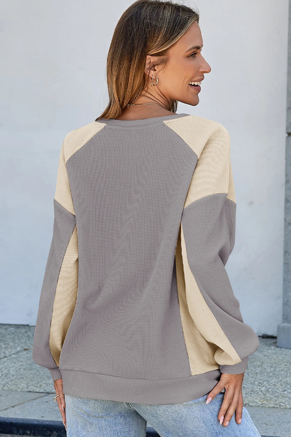 Color Block Waffle Knit Raglan Sleeve High Low Pullover