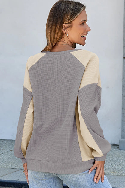 Color Block Waffle Knit Raglan Sleeve High Low Pullover