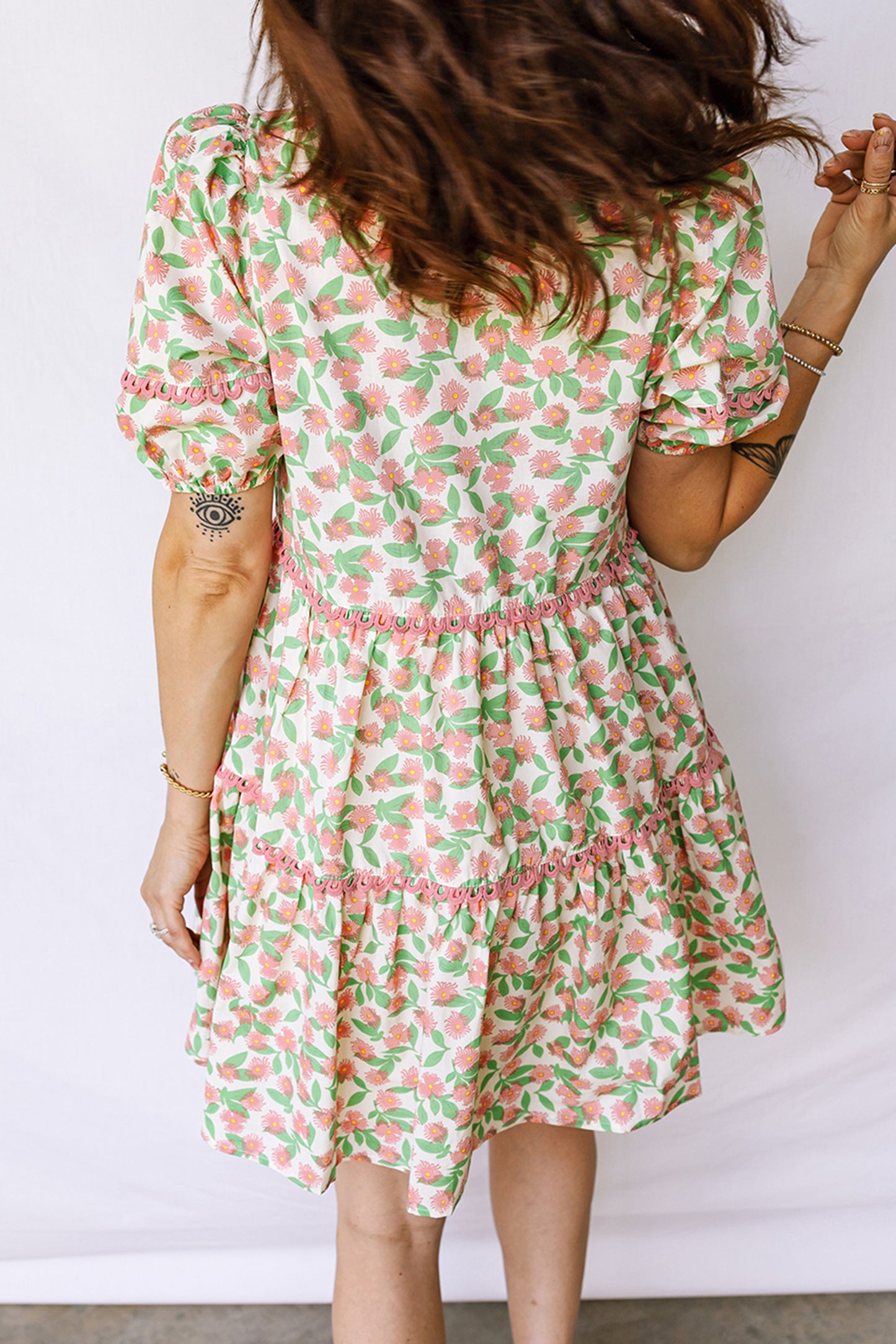 Easter Floral Ricrac Trim Puff Sleeve Dress