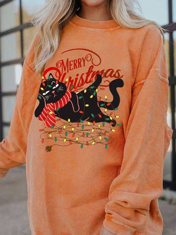 Christmas Cat Graphic Light String Corded Pullover Sweatshirt