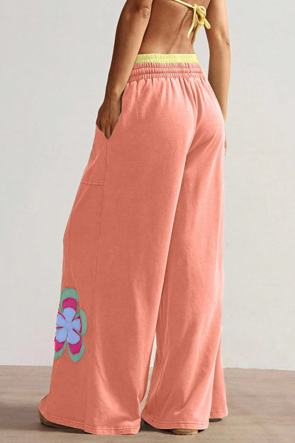 Color Block Floral Patch Wide Leg Pants Drawstring Waist