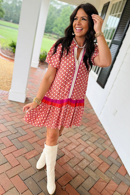 Orange Geometric Print Button Front Ruffle Hem Mini Dress