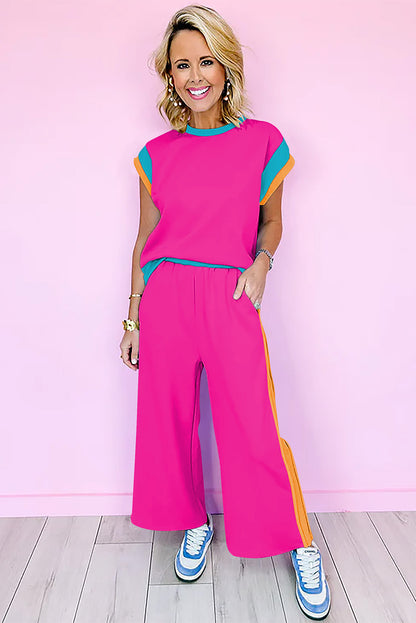 Color Block Lounge Set Wide Leg Pants 2 Piece