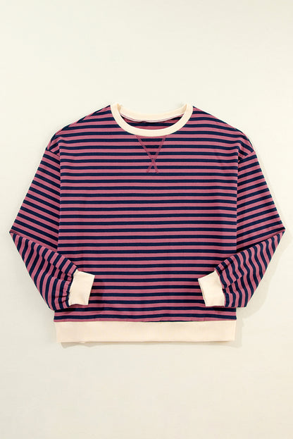 Sky Blue Stripe Oversized Contrast Trim Pullover Sweatshirt