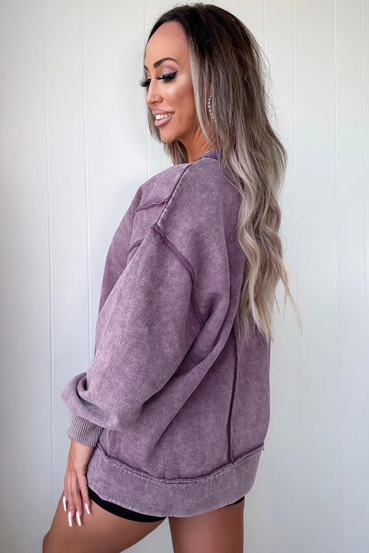 Mineral Wash Exposed Seam Sweatshirt Side Slit Casual Pullover