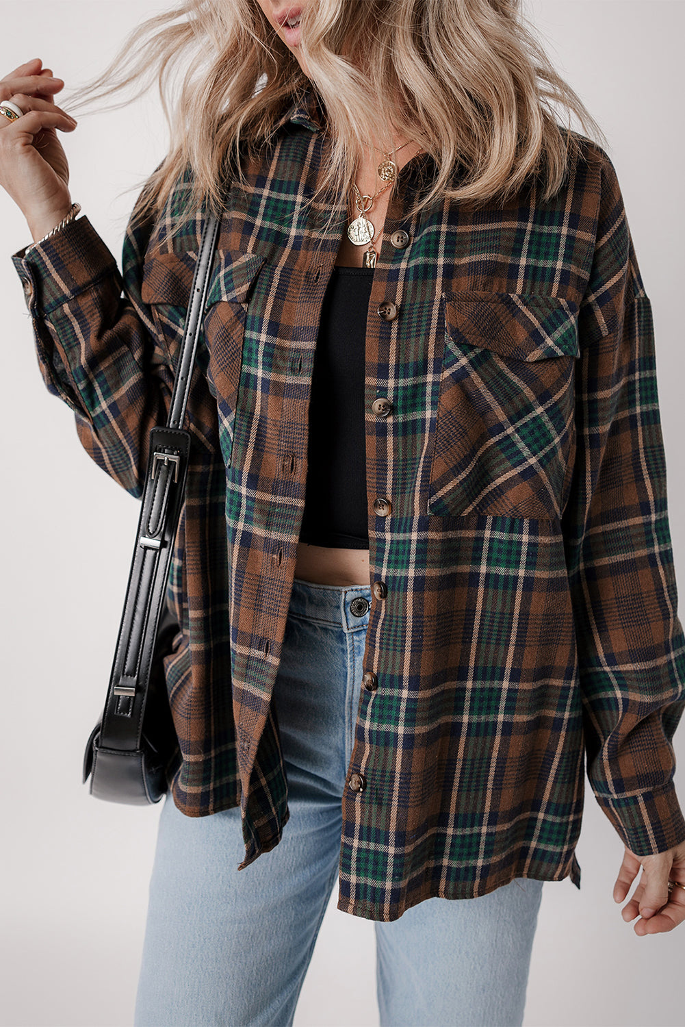 Brown Plaid Button-Down Shacket with Chest Pockets