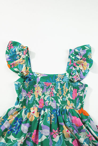 Easter Floral Square Neck Ruffle Strap Maxi Dress
