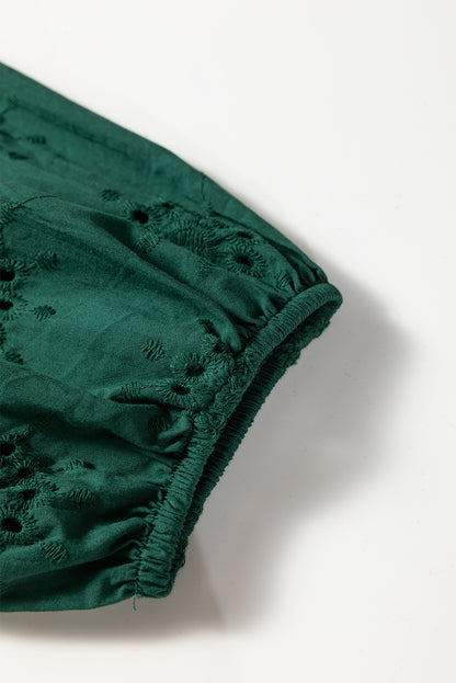 Green Eyelet Embroidered Puff Sleeve Babydoll Mini Dress