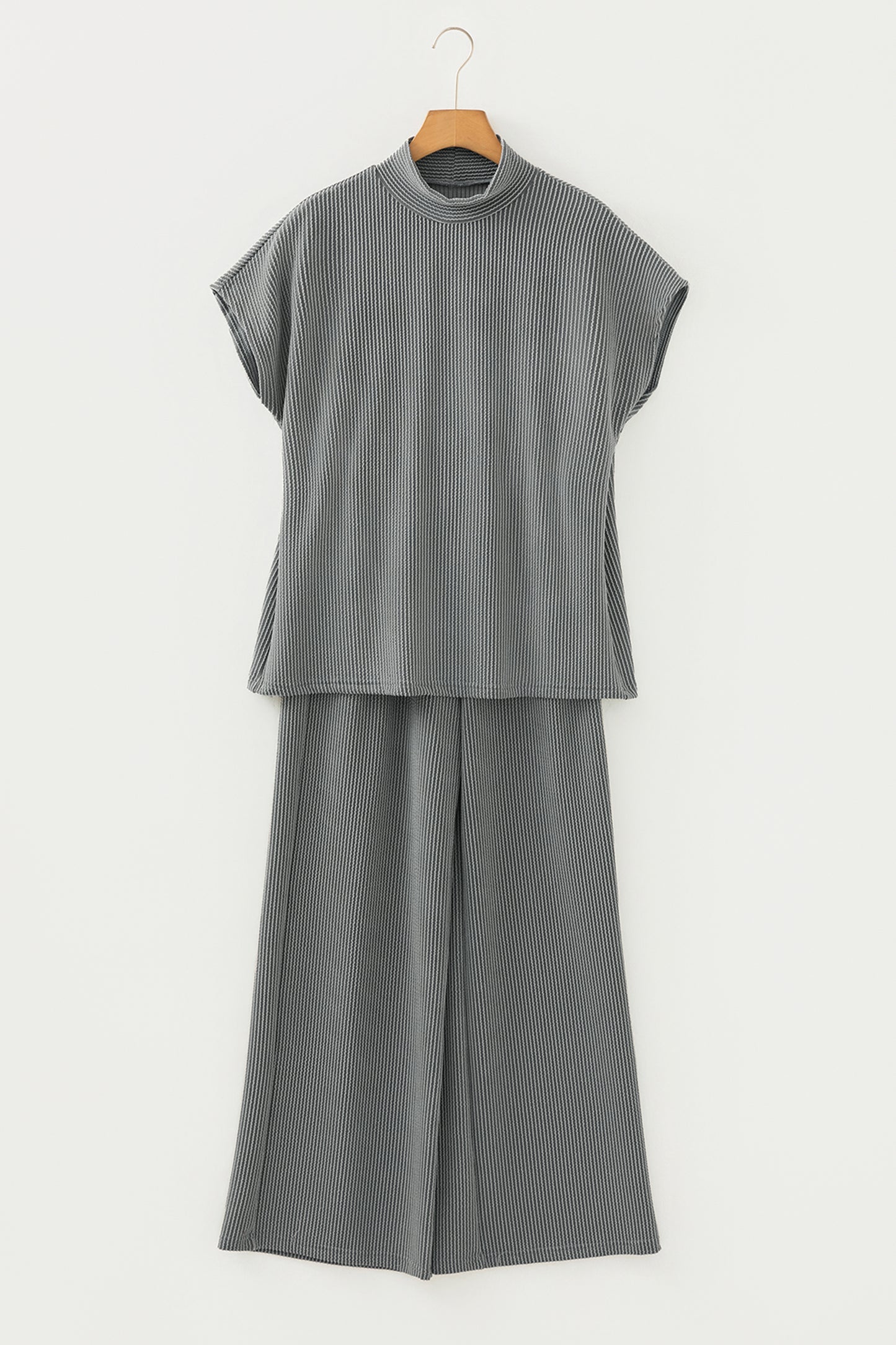 Burgundy Ribbed High Neck Tee Wide Leg Pant Set