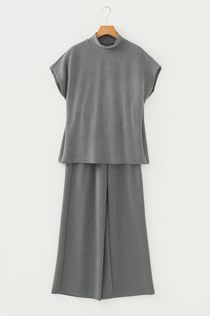 Burgundy Ribbed High Neck Tee Wide Leg Pant Set