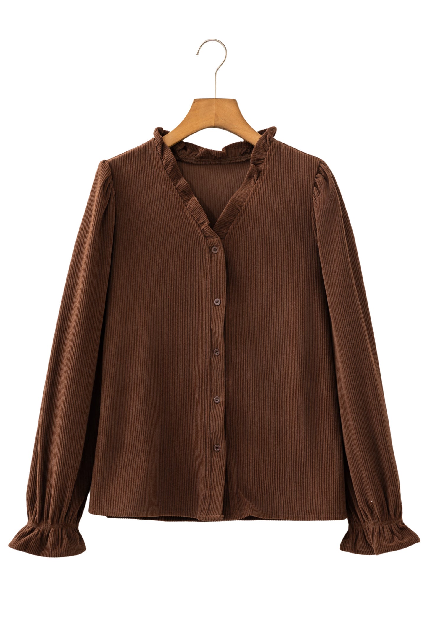 Coffee Corduroy Ruffle V Neck Button Shacket