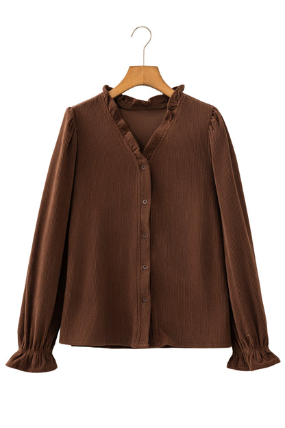 Coffee Corduroy Ruffle V Neck Button Shacket