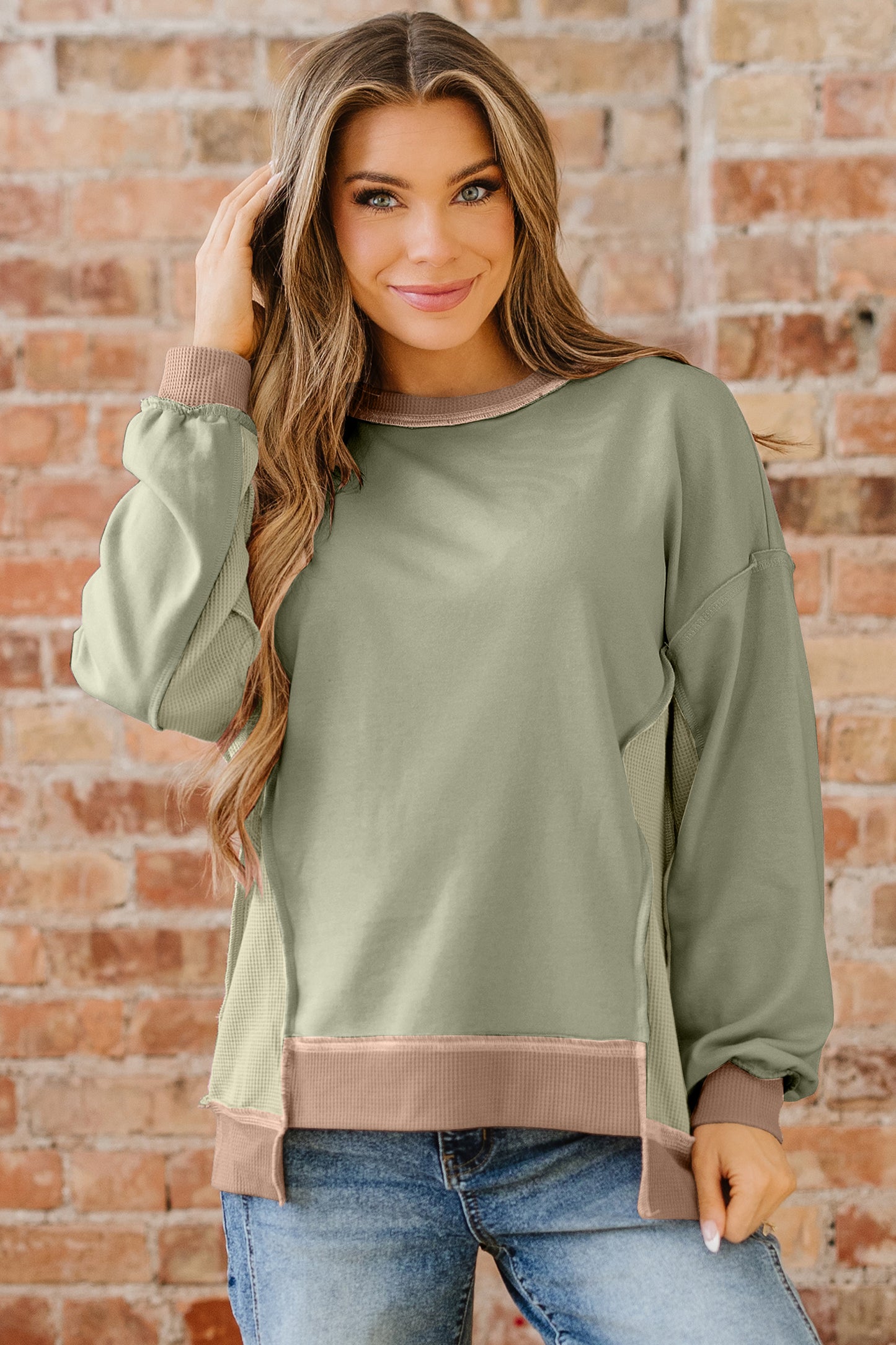 Color Block Patchwork Waffle Knit Oversized Sweatshirt