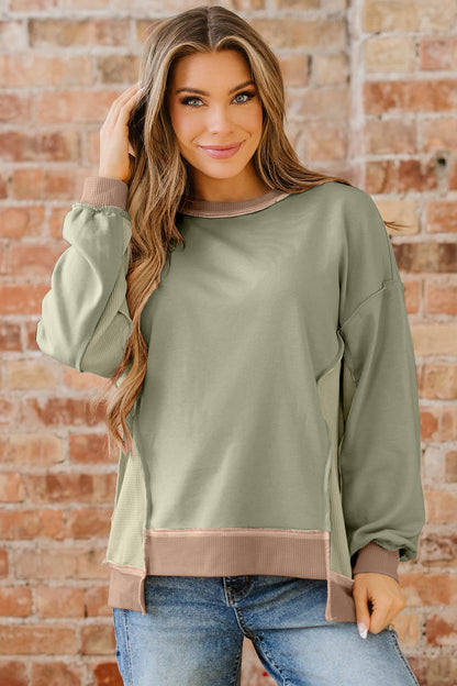 Color Block Patchwork Waffle Knit Oversized Sweatshirt