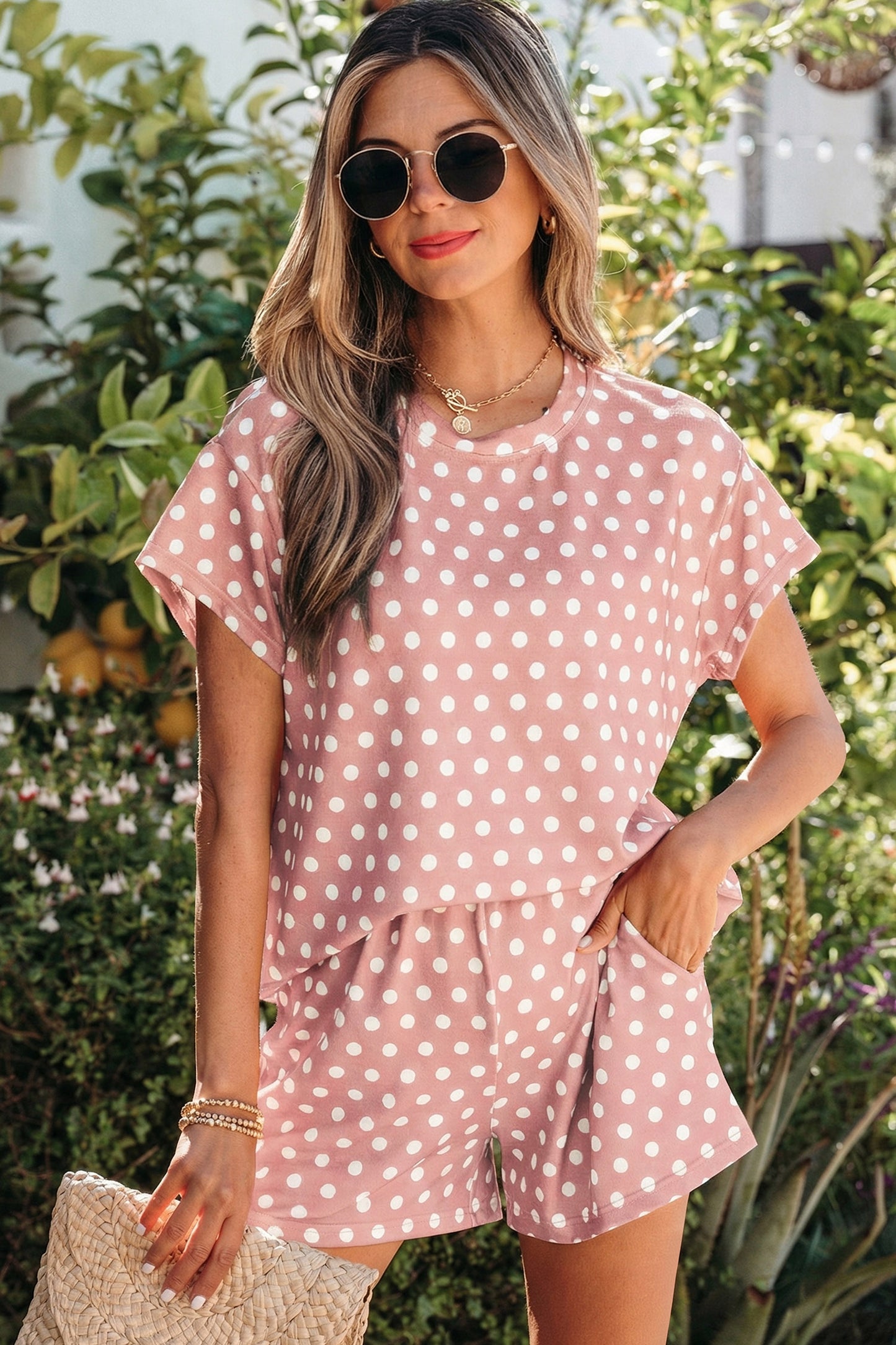 Polka Dot Lounge Short Set Casual Two Piece Outfit