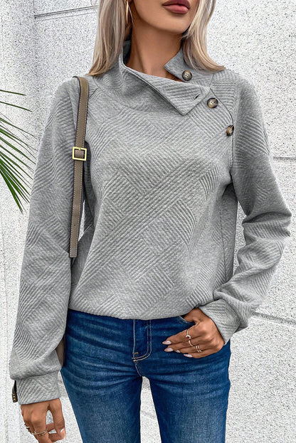 Black Asymmetric Buttons Detail High Neck Textured Sweatshirt