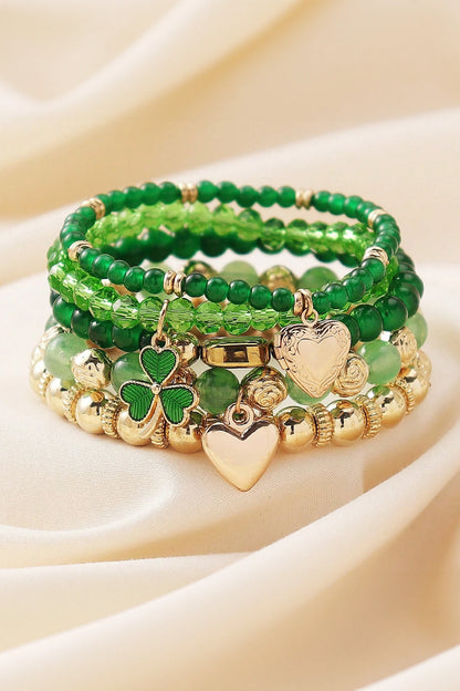 Green St Patrick 5PCS Lucky Clover Heart Charm Bracelet Set