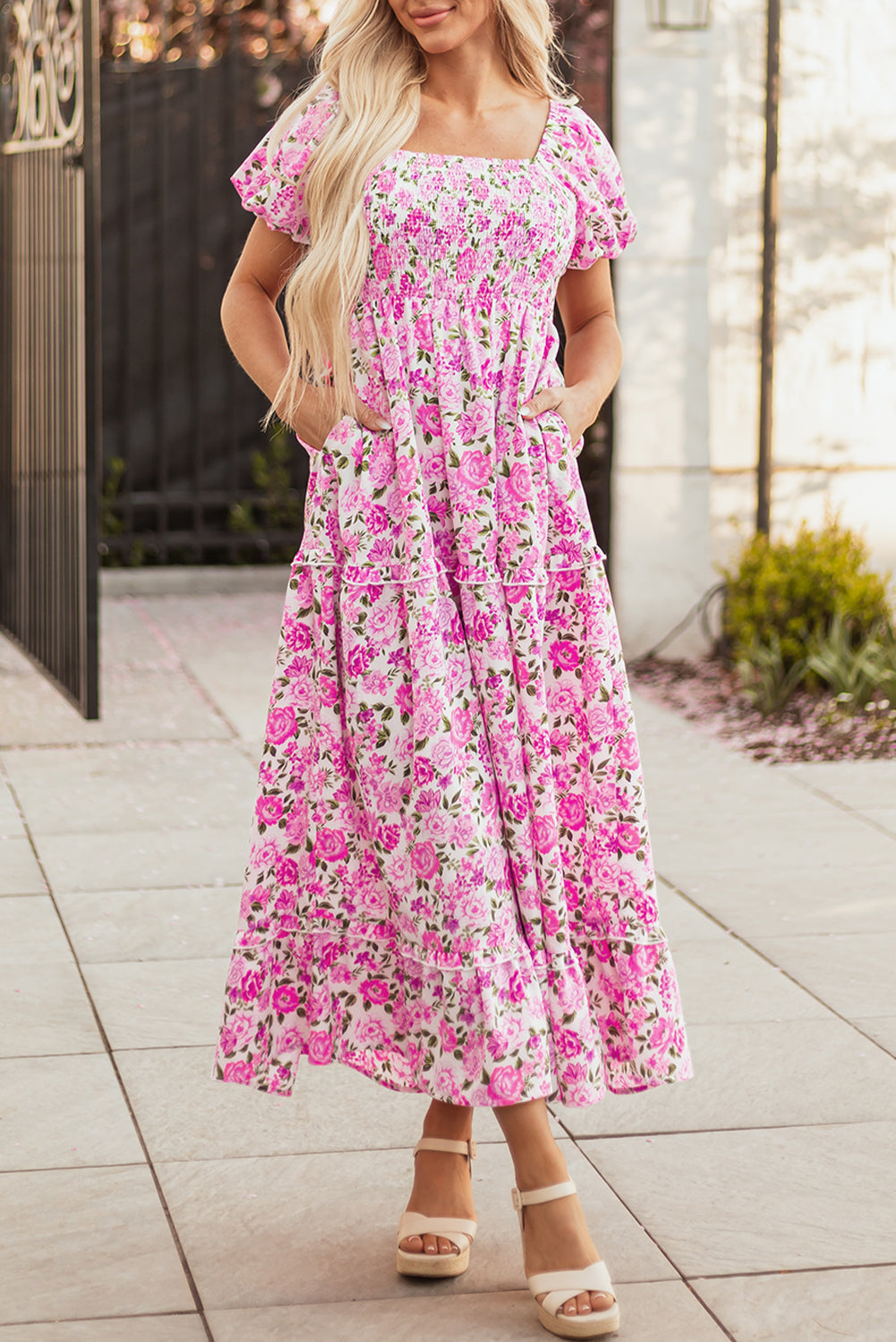 Easter Pink Floral Square Neck Puff Sleeve Maxi Dress