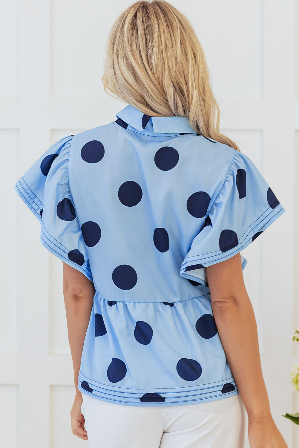 Women Polka Dot Ruffle Sleeve Button Blouse