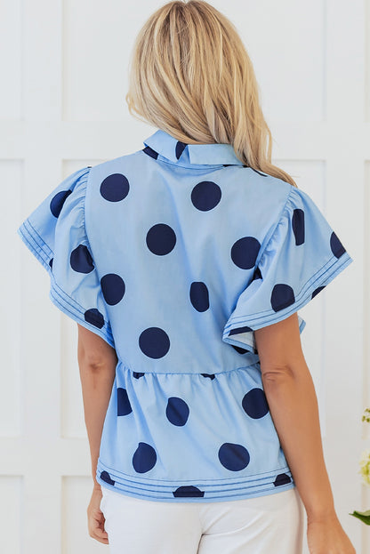 Women Polka Dot Ruffle Sleeve Button Blouse