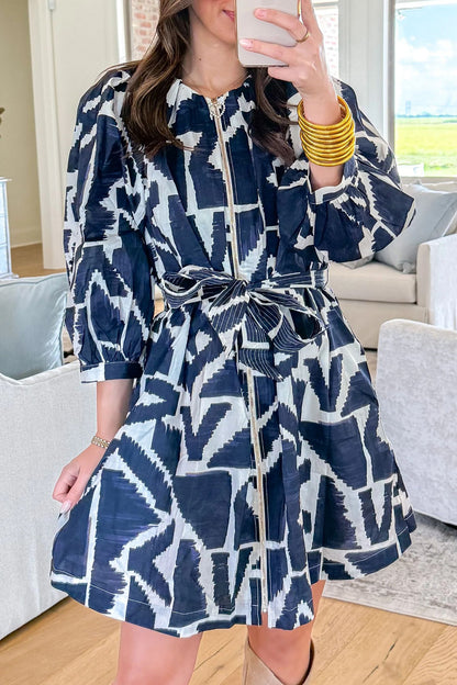 Blue Abstract Print Zip Front Tie Waist Mini Dress