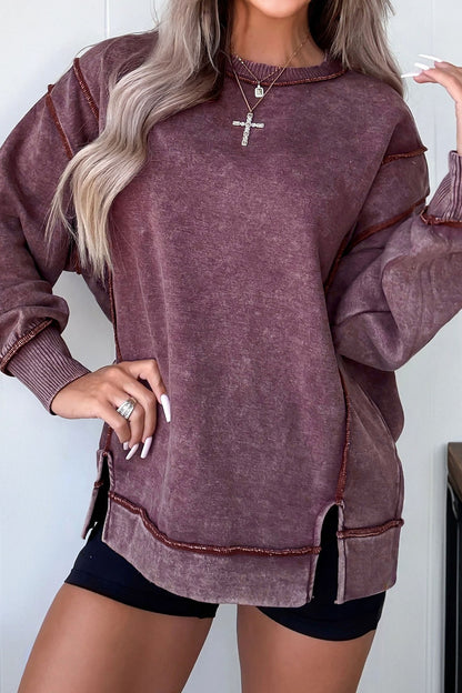 Mineral Wash Exposed Seam Sweatshirt Side Slit Casual Pullover