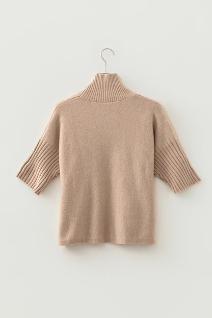 Beige Mock Neck Ribbed Short Sleeve Sweater Top