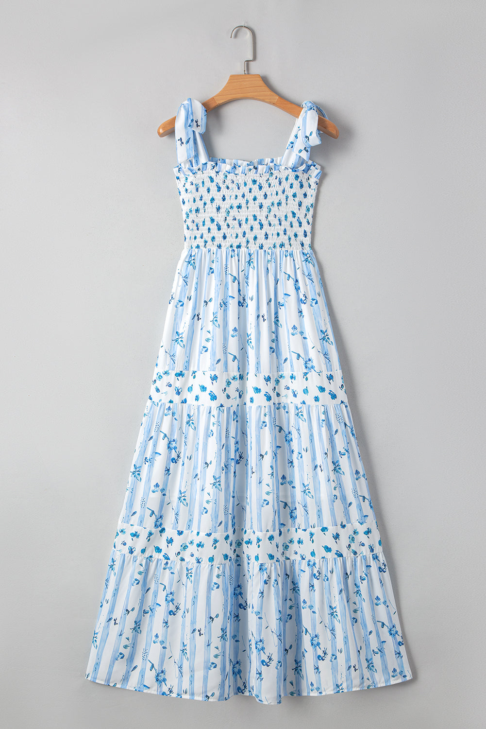 Sky Blue Floral Smocked Tiered Maxi Dress