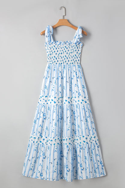 Sky Blue Floral Smocked Tiered Maxi Dress