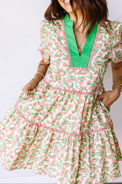 Easter Floral Ricrac Trim Puff Sleeve Dress