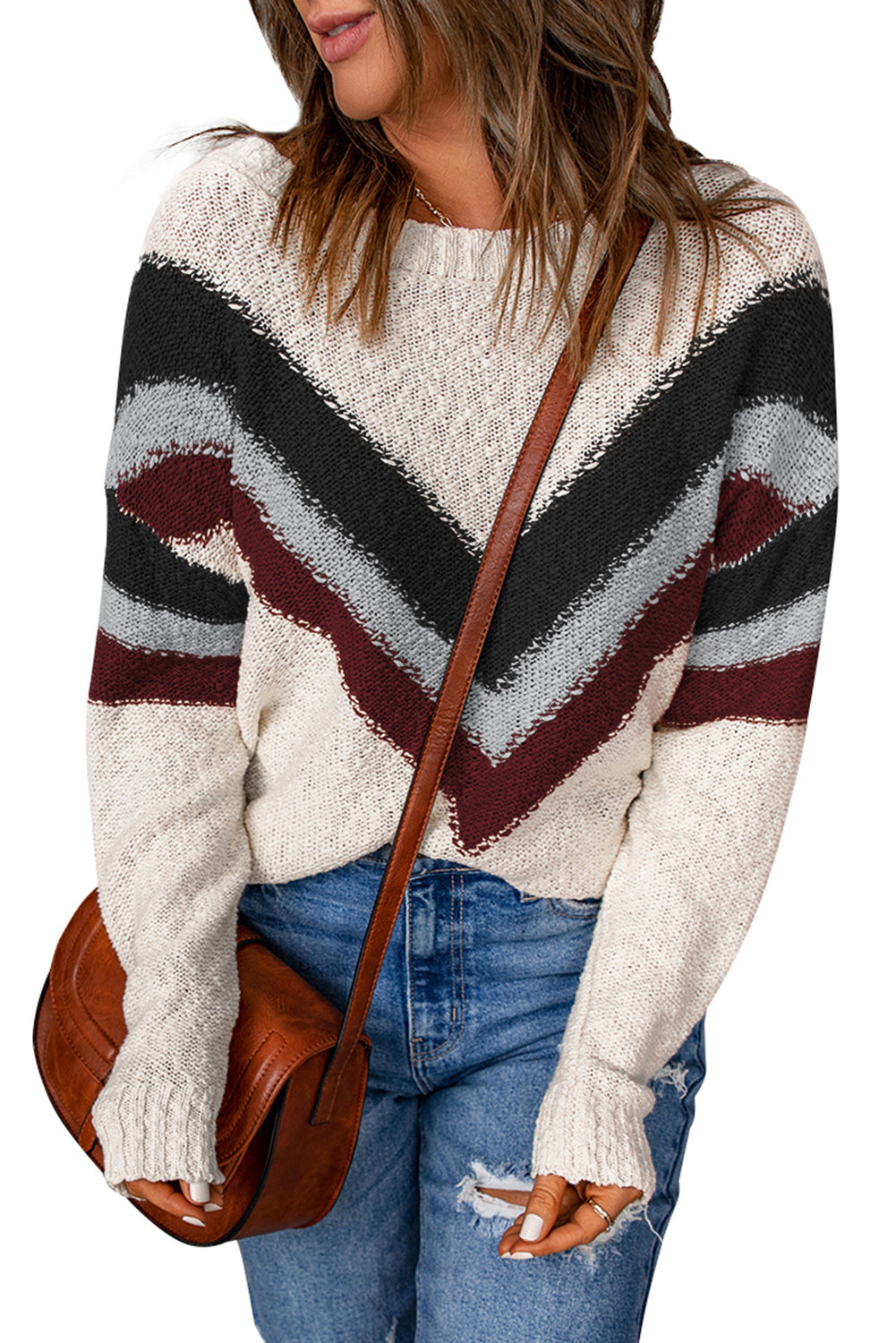 Beige Chevron Striped Drop Shoulder Sweater