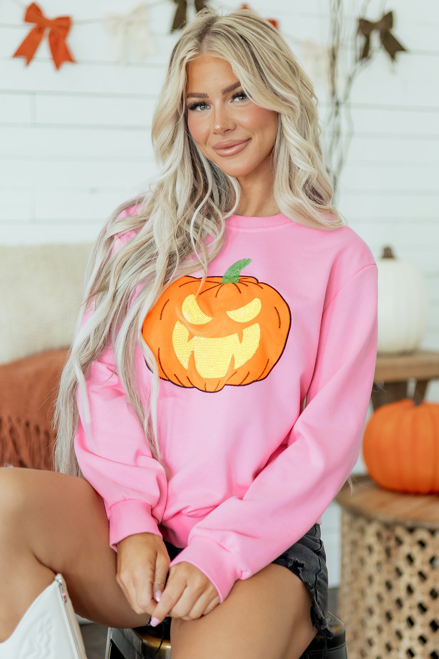Pink Embroidered Pumpkin Halloween Crewneck Sweatshirt