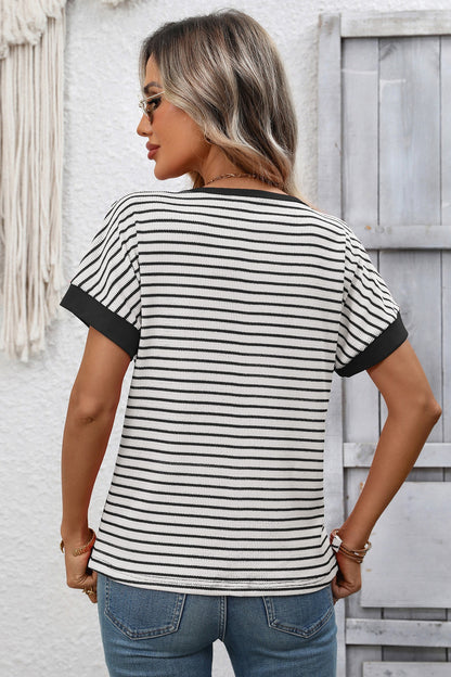 Striped Colorblock Short Sleeve Knit Tee for Women