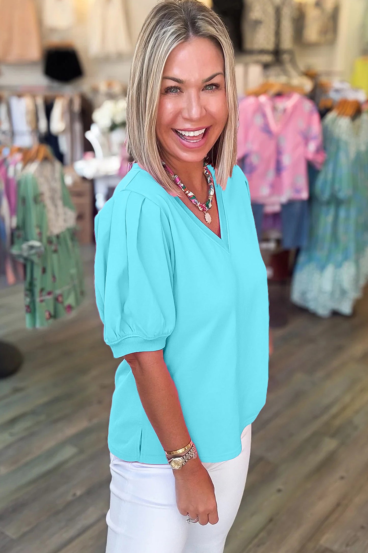 Womens V Neck Puff Sleeve Blouse Lightweight Casual Top