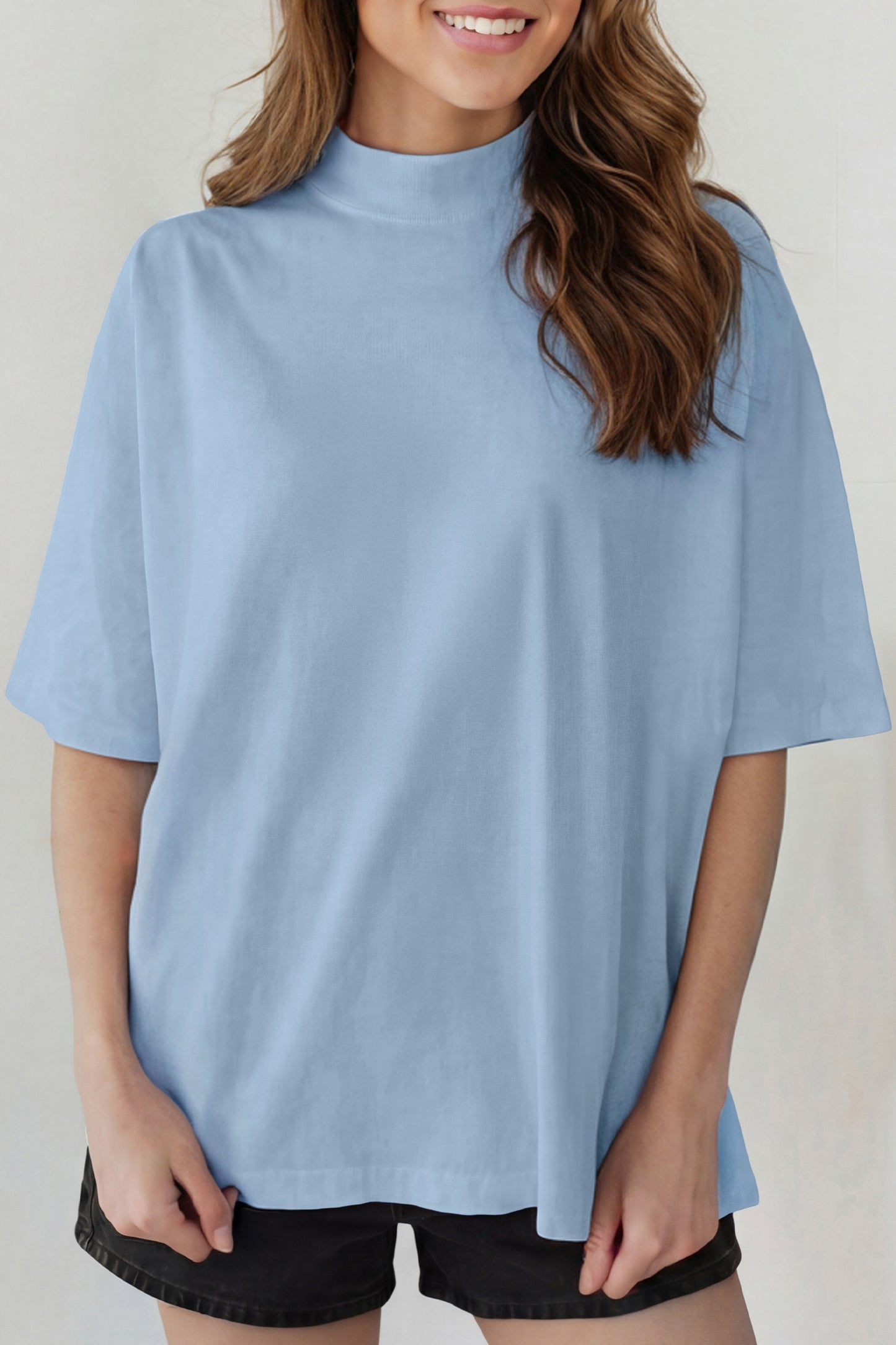 Dark Blue Oversized Mock Neck Tee Casual Relaxed Top