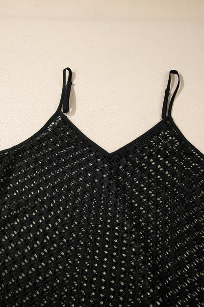 Black Sheer Knit Ruffle Hem Crochet Beach Cover Up