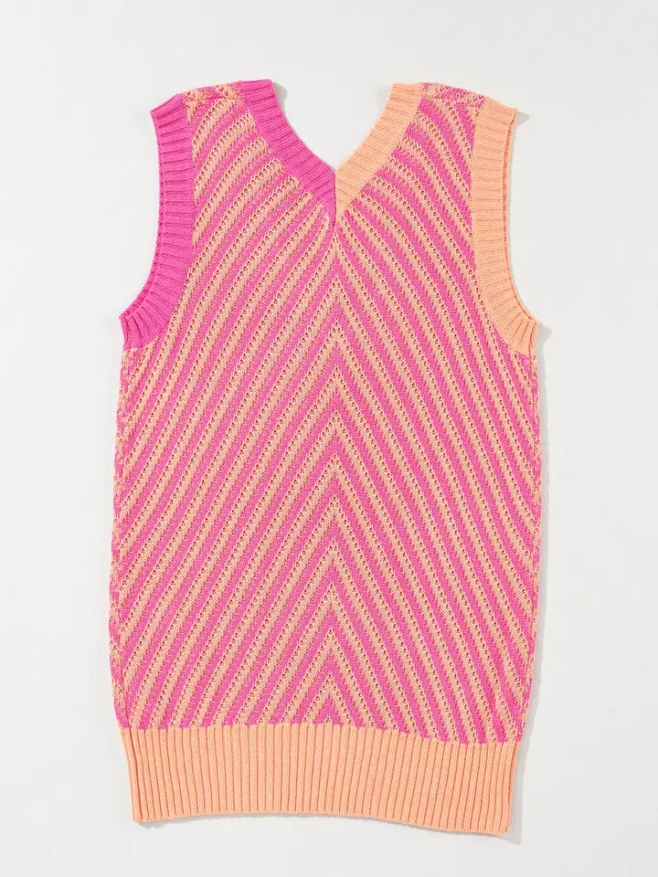Color Block Chevron Knit Sweater Vest V Neck Top