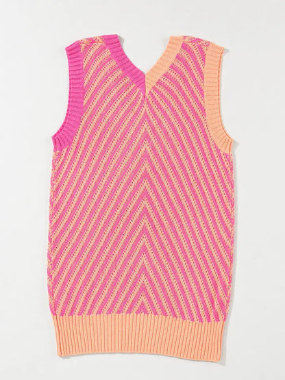 Color Block Chevron Knit Sweater Vest V Neck Top