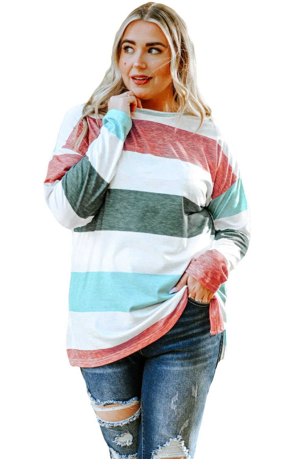 Pink Stripe Plus Size Colorblock Pullover Top