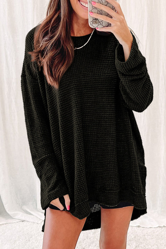 Black Waffle Knit Oversized Top with Side Slits