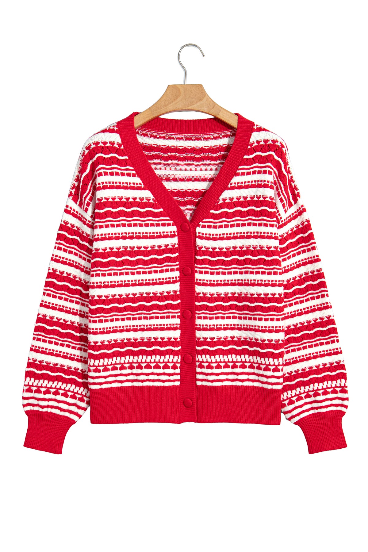 Red Geometric Stripe Button Front Knit Cardigan
