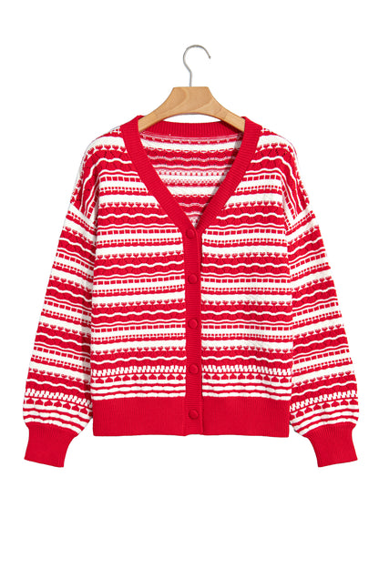 Red Geometric Stripe Button Front Knit Cardigan