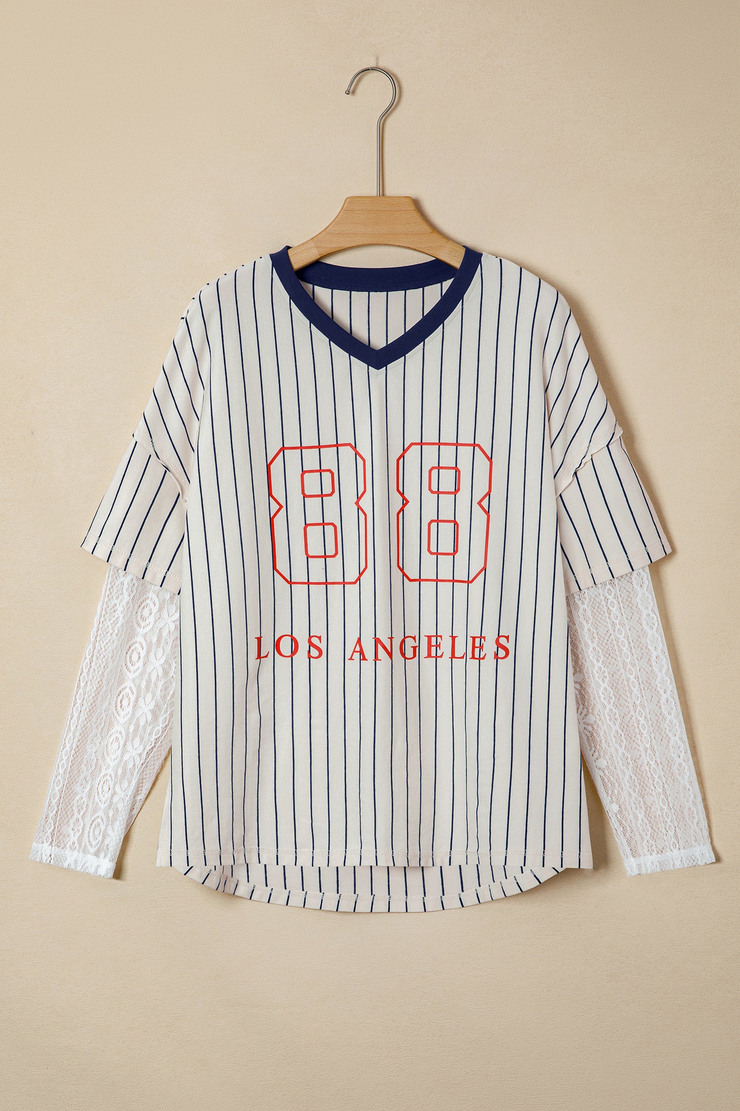 Striped 88 Graphic Lace Sleeve V Neck Faux Layered Top