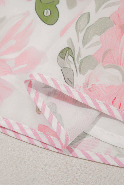 Sky Blue Floral Ruffle Sleeve Tie Neck Mini Dress