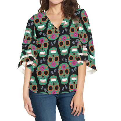 Women's Skull Print Lace Trim Chiffon Top