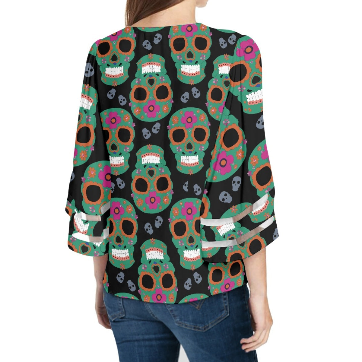 Women's Skull Print Lace Trim Chiffon Top