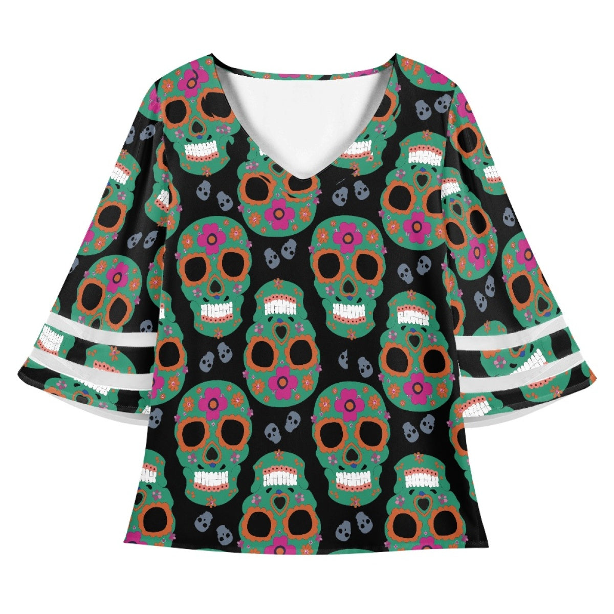 Women's Skull Print Lace Trim Chiffon Top