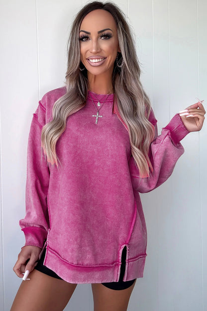 Mineral Wash Exposed Seam Sweatshirt Side Slit Casual Pullover